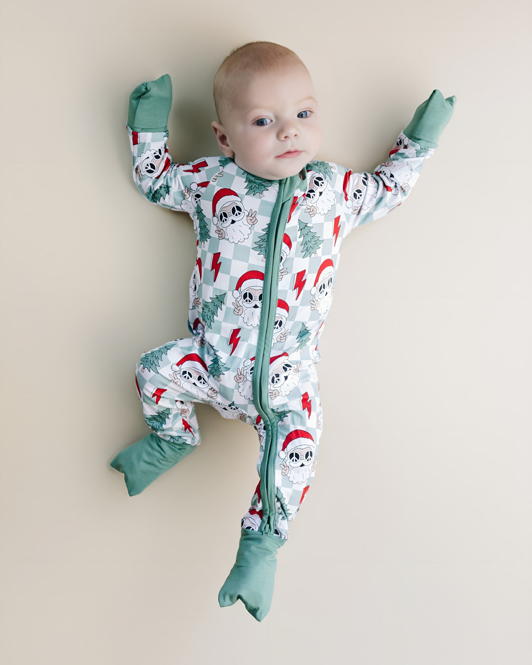 santa baby pajamas, christmas baby pajamas, christmas sleeper toddler, checkered santa bamboo romper, zip sleepie