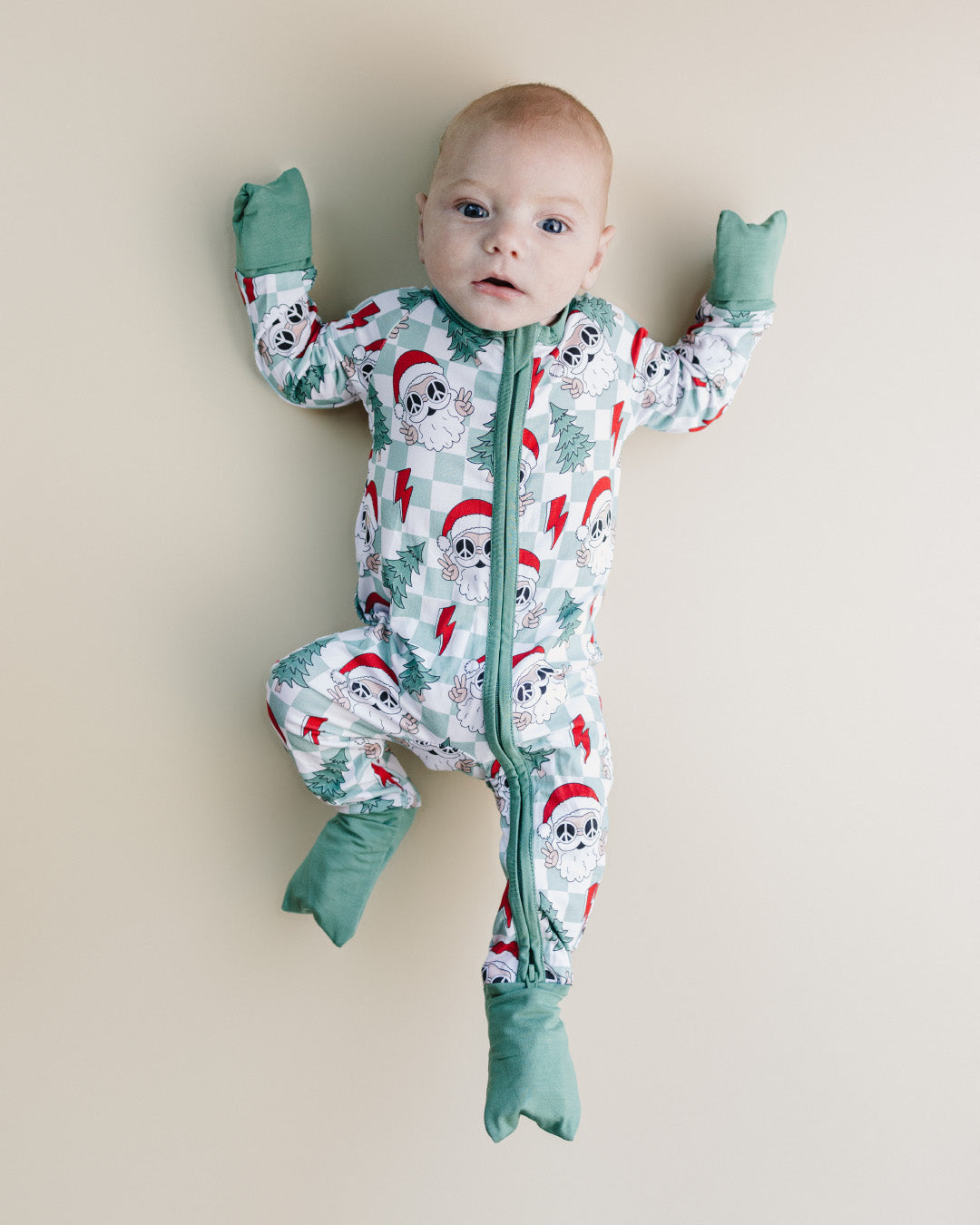 santa baby pajamas, christmas baby pajamas, christmas sleeper toddler, checkered santa bamboo romper, zip sleepie