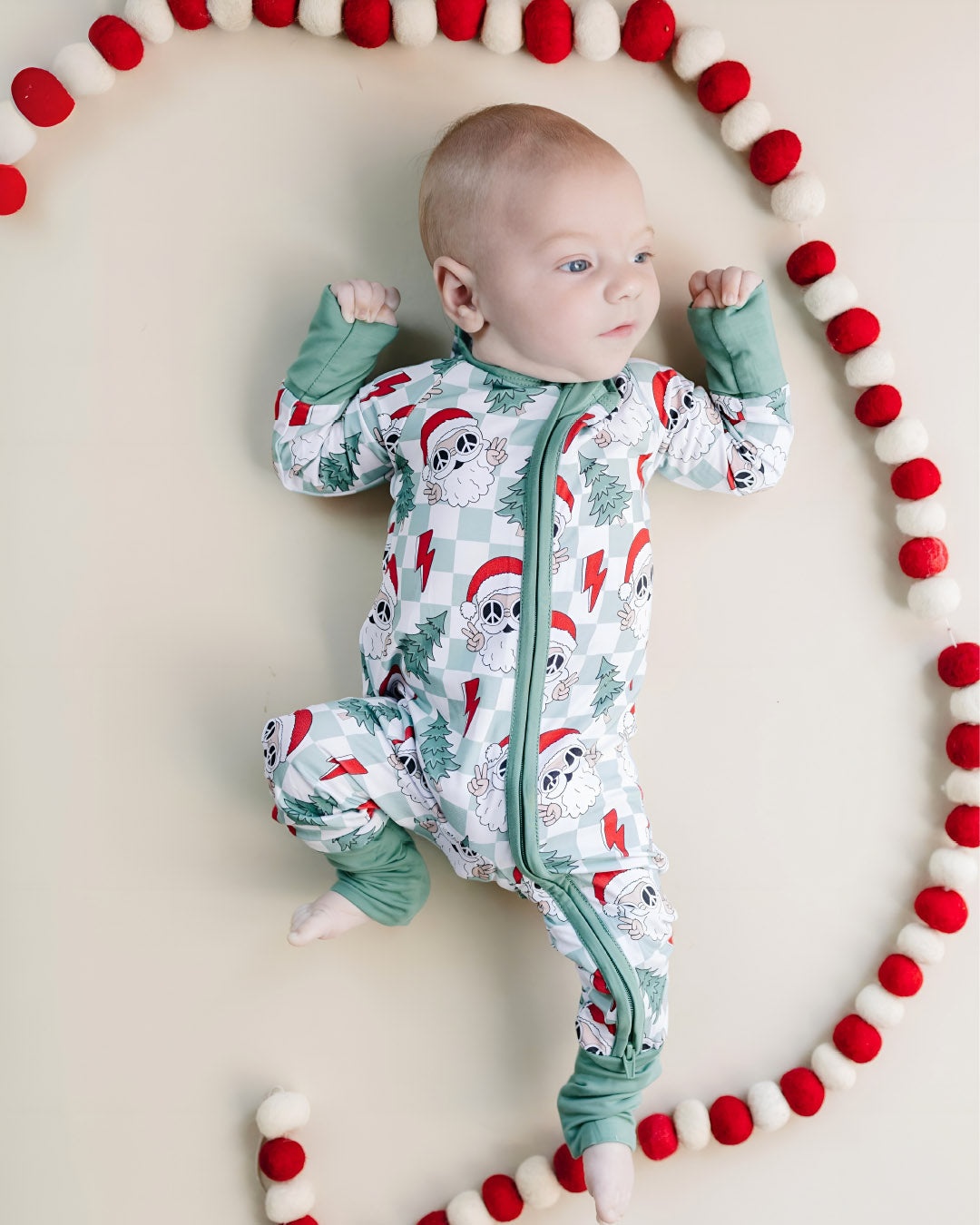 santa baby pajamas, christmas baby pajamas, christmas sleeper toddler, checkered santa bamboo romper, zip sleepie