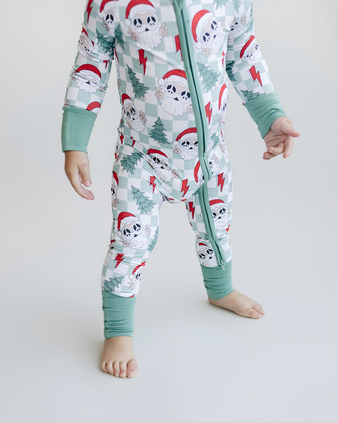 santa baby pajamas, christmas baby pajamas, christmas sleeper toddler, checkered santa bamboo romper, zip sleepie
