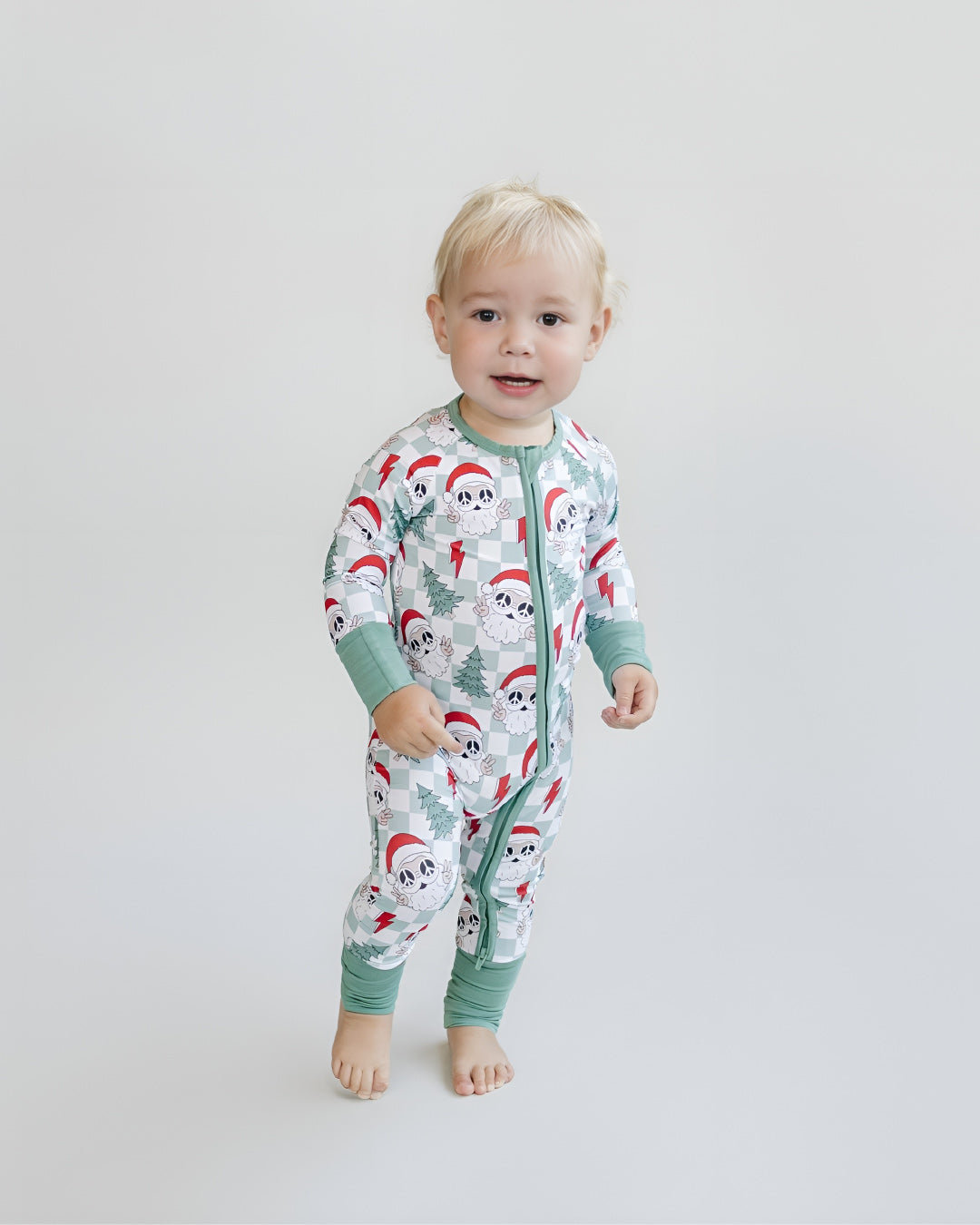 santa baby pajamas, christmas baby pajamas, christmas sleeper toddler, checkered santa bamboo romper, zip sleepie