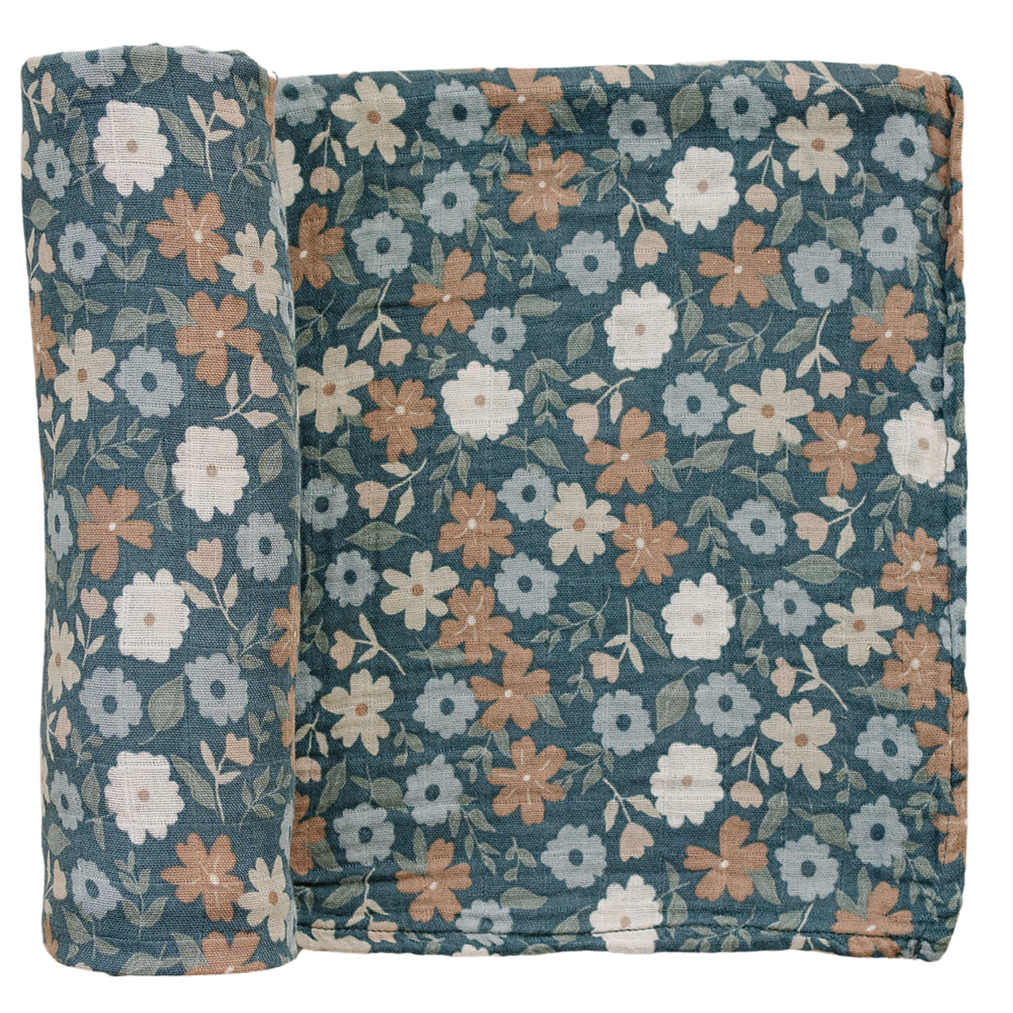 floral baby swaddle, muslin bamboo blanket, swaddling wrap, floral baby blanket, midnight blue, mebie baby swaddles
