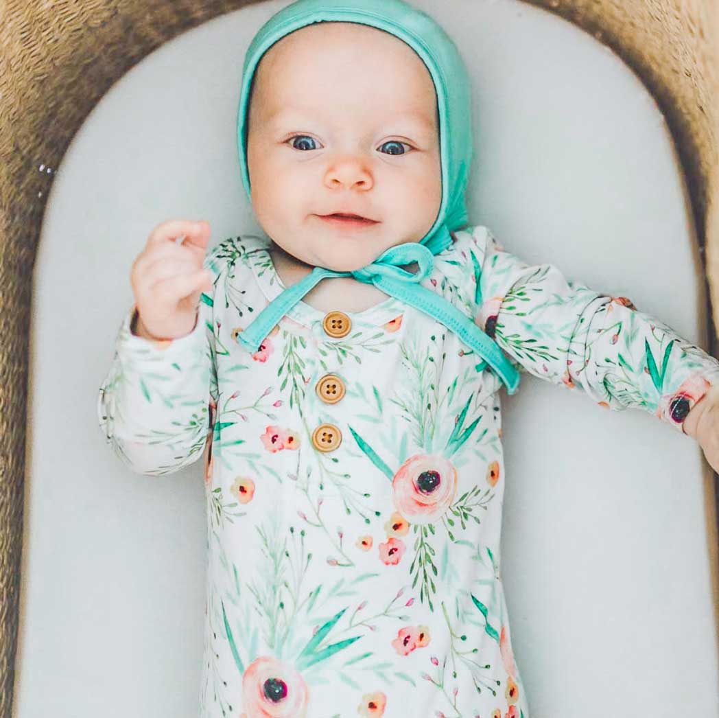 Knotted Baby Gown & Bonnet | Floral Kiss