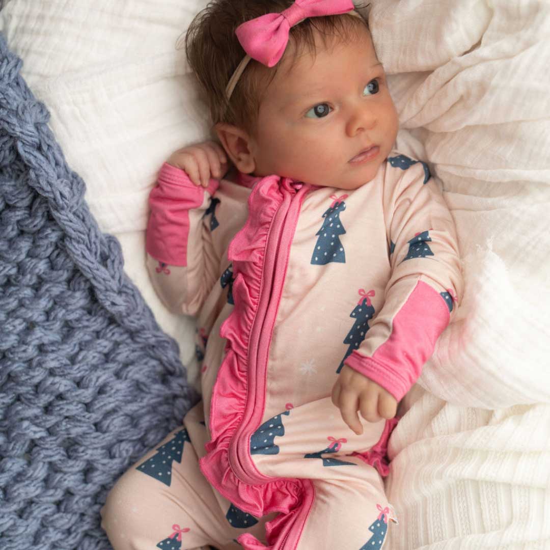 Ruffled Zippered Footie in Pink Christmas