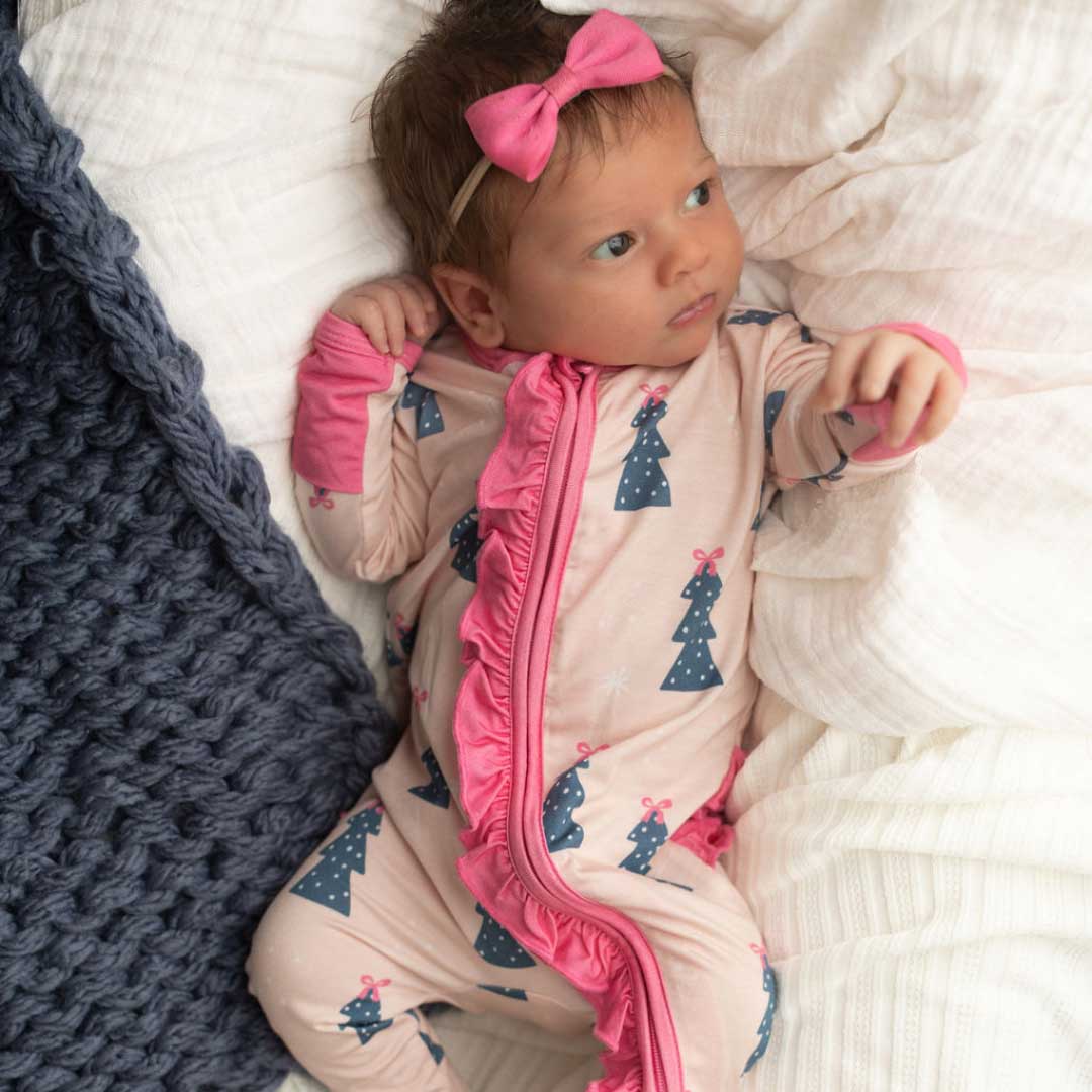 Ruffled Zippered Footie in Pink Christmas