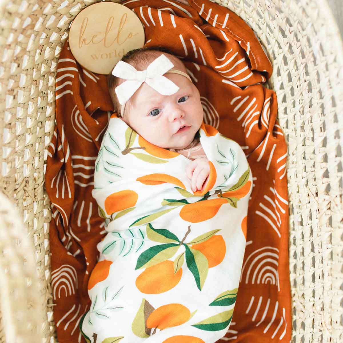 citrus orange muslin swaddle, cotton muslin blanket, baby receiving blanket