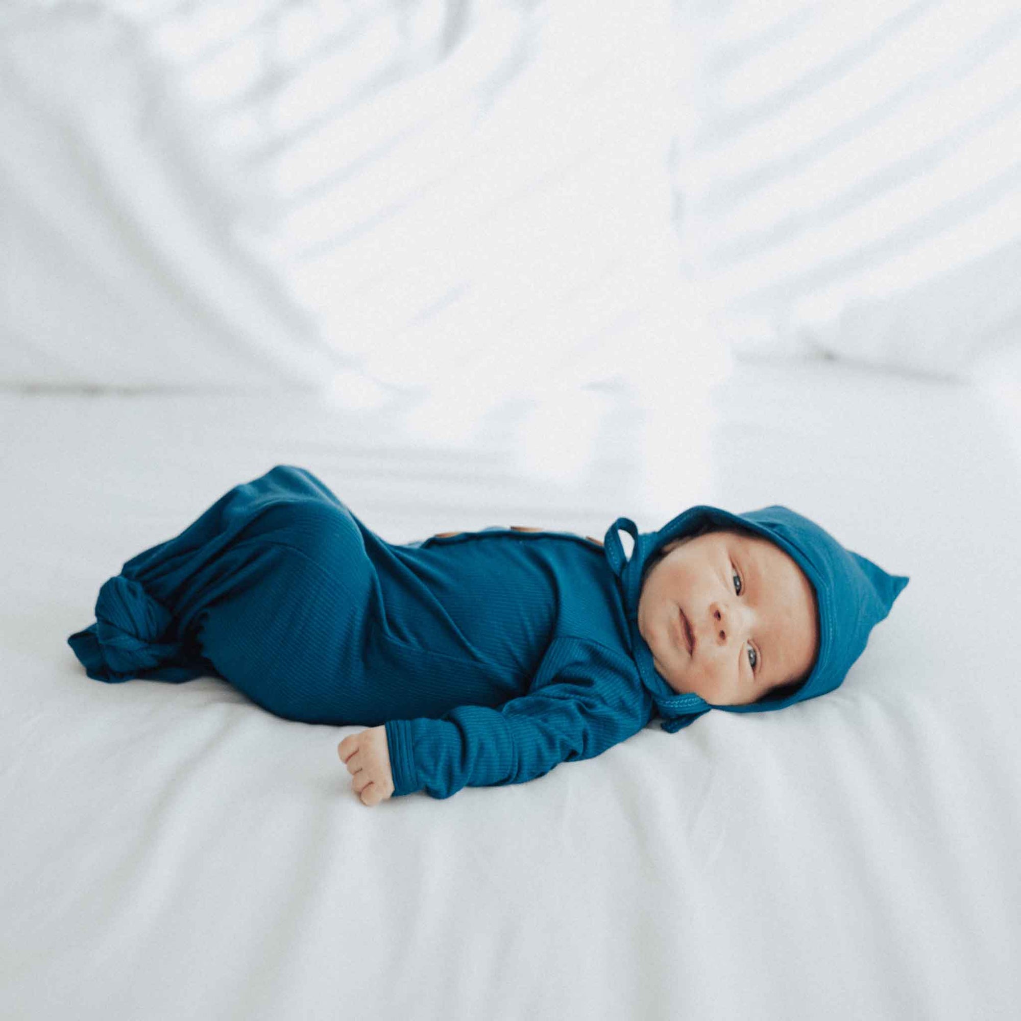 ribbed knit knotted gowns, baby knot gown, pixie bonnet, baby hat, coming home outfit, dark blue knotted gown
