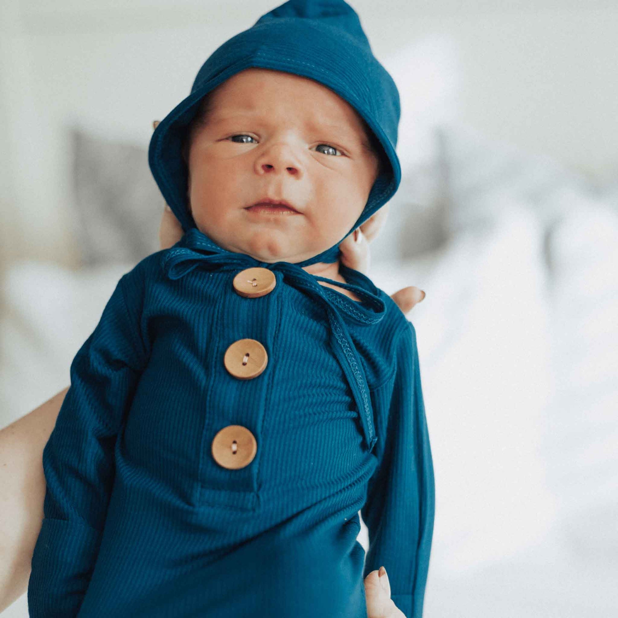 ribbed knit knotted gowns, baby knot gown, pixie bonnet, baby hat, coming home outfit, dark blue knotted gown