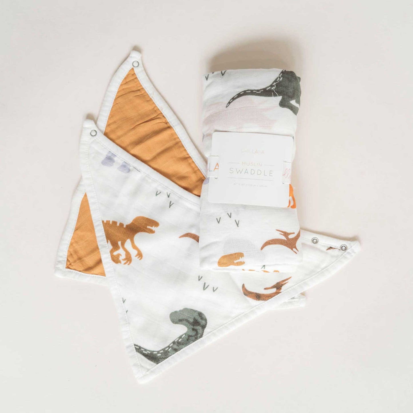 cotton muslin baby bib set, bandana bibs, dinosaur mustard baby bibs