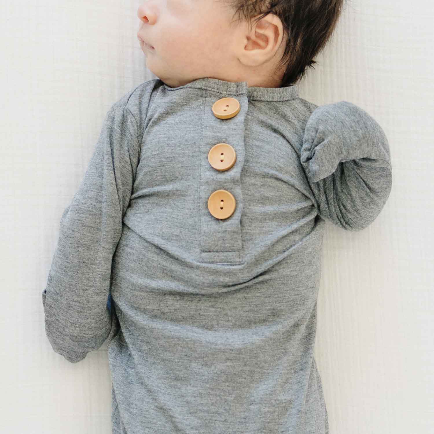 heather grey baby gown, knotted infant gown, unisex baby gown, hospital coming home outfit