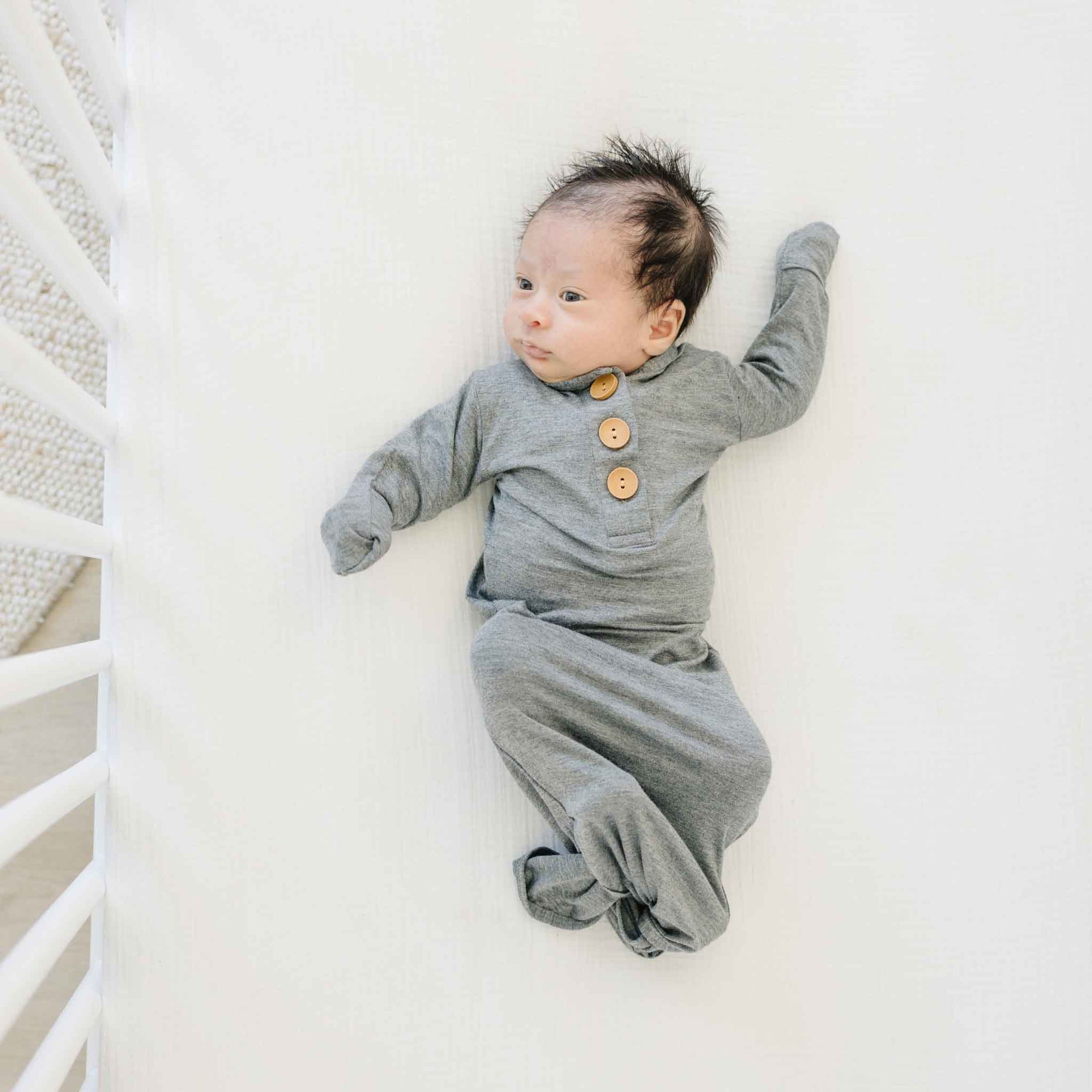 heather grey baby gown, knotted infant gown, unisex baby gown, hospital coming home outfit