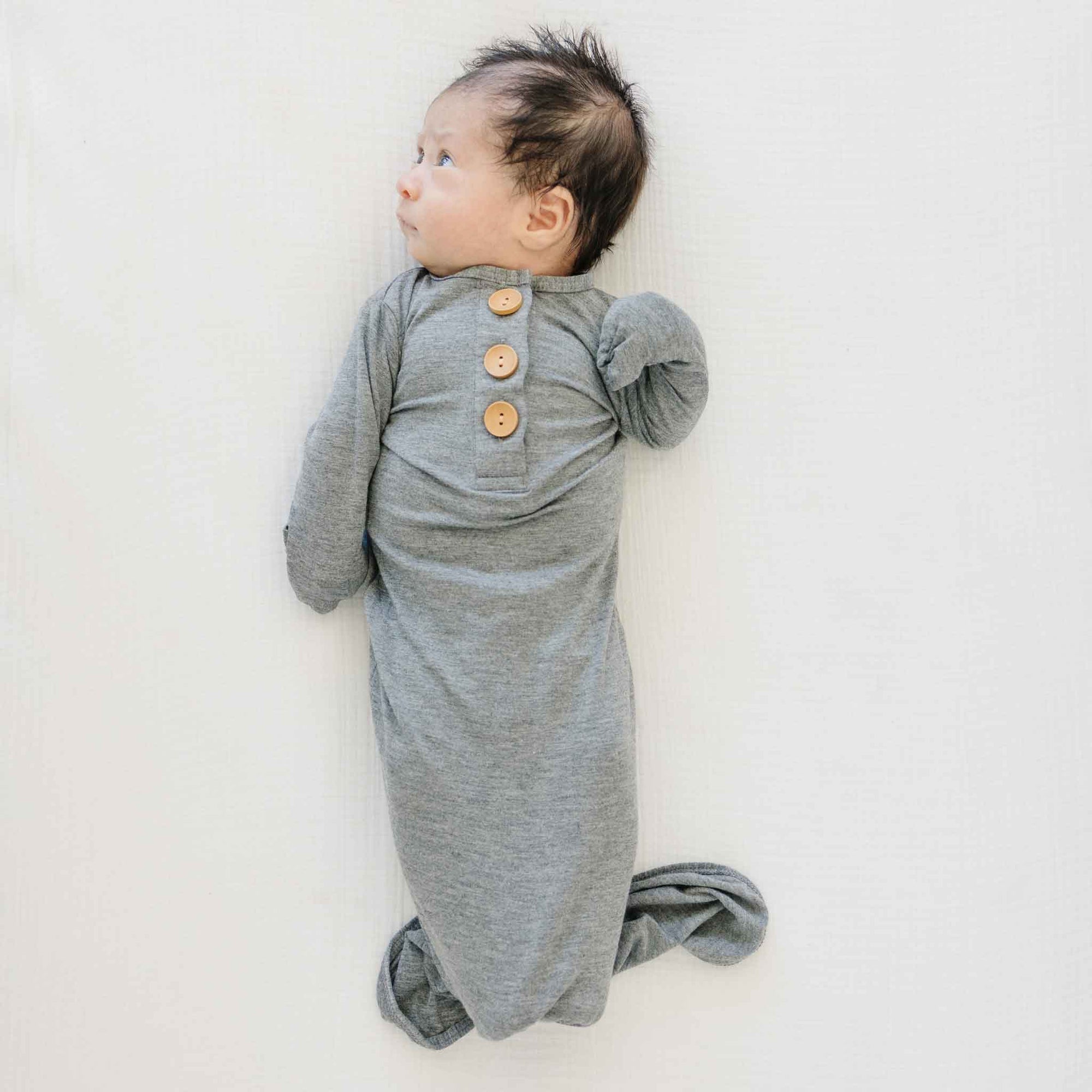 heather grey baby gown, knotted infant gown, unisex baby gown, hospital coming home outfit