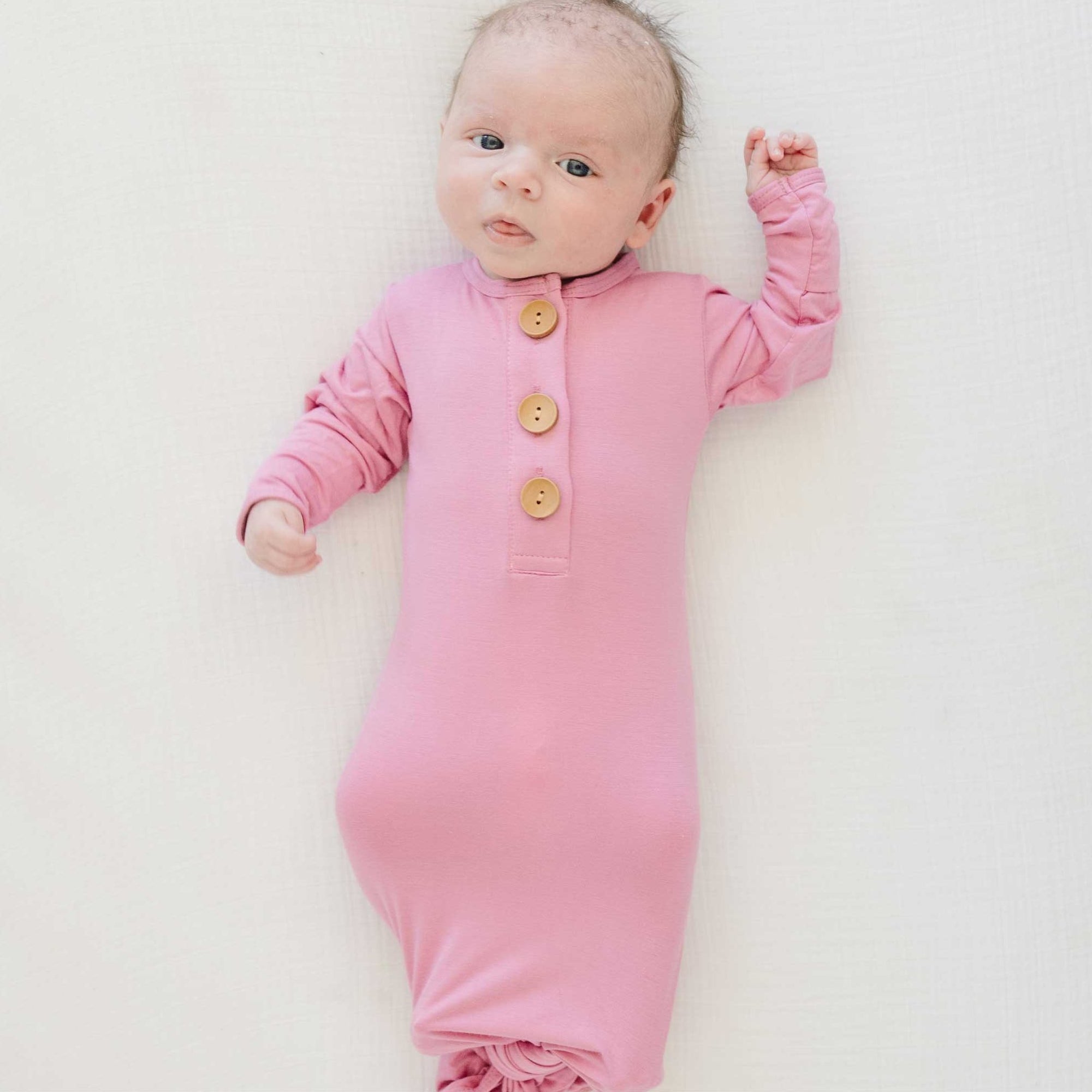 knotted baby gown, infant going home outfit, baby girl knotted gown, solid pink baby gown