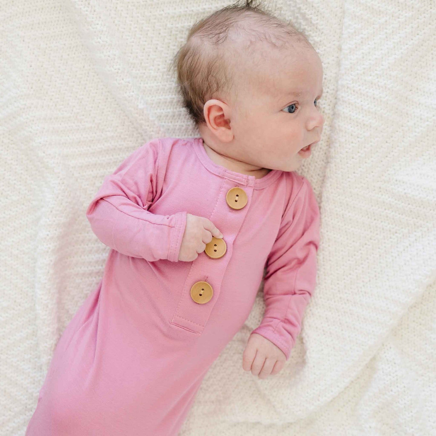 knotted baby gown, infant going home outfit, baby girl knotted gown, solid pink baby gown