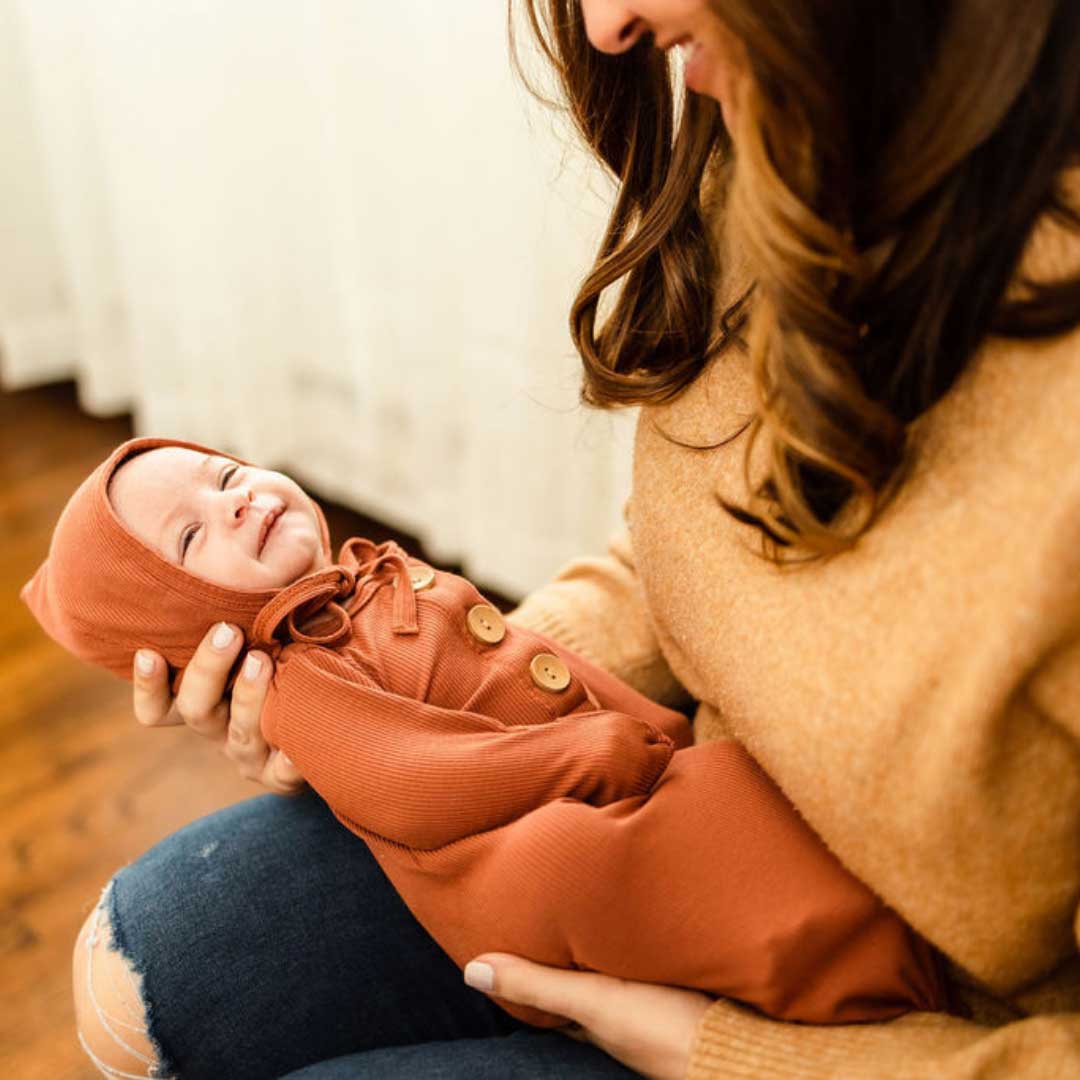 rust knotted gown and bonnet set, knot gown, baby bonnet, coming home outfit