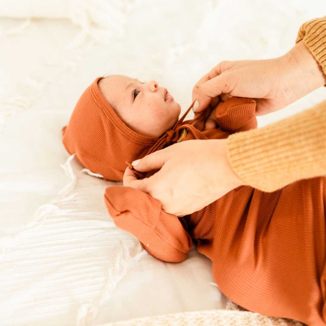 rust knotted gown and bonnet set, knot gown, baby bonnet, coming home outfit