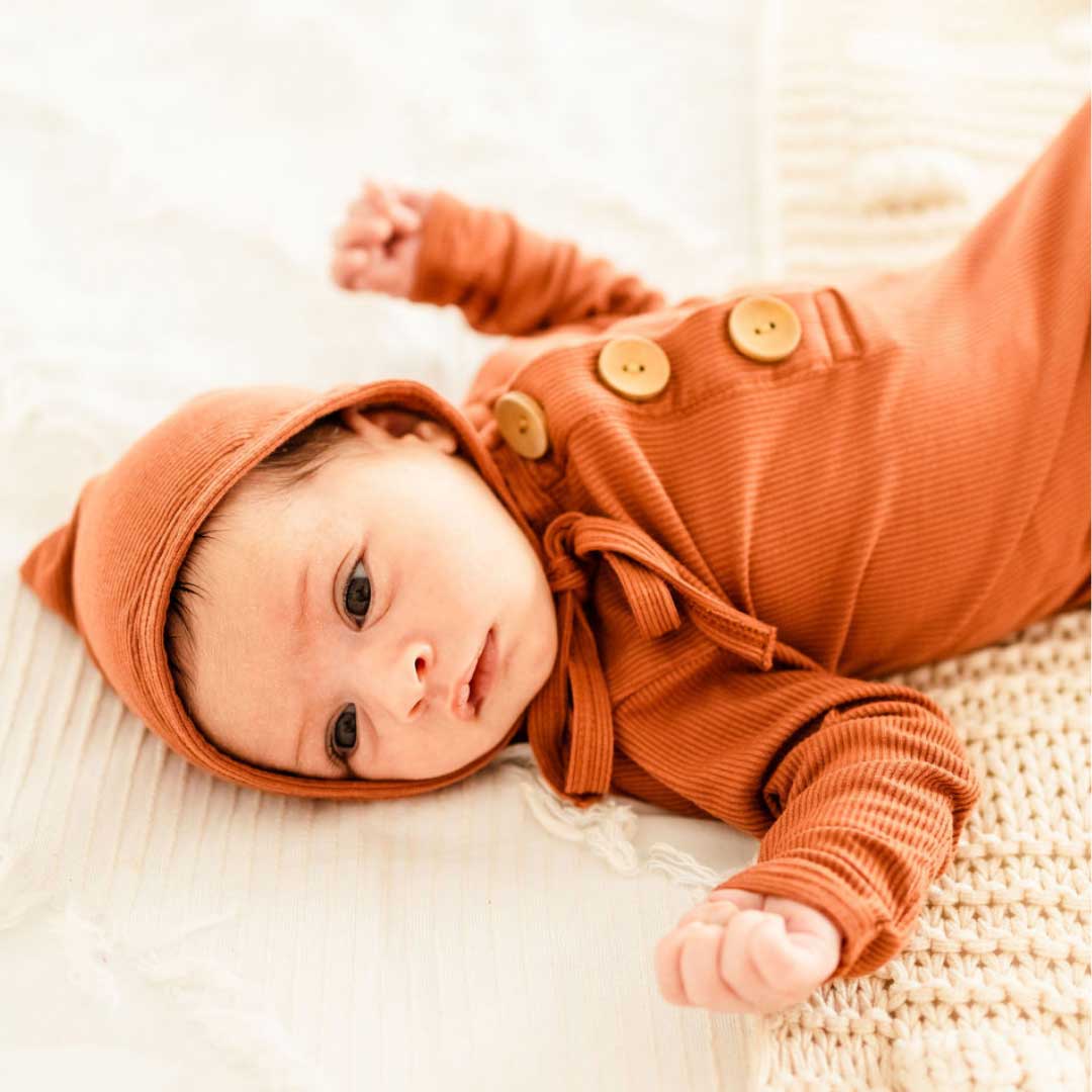 rust knotted gown and bonnet set, knot gown, baby bonnet, coming home outfit