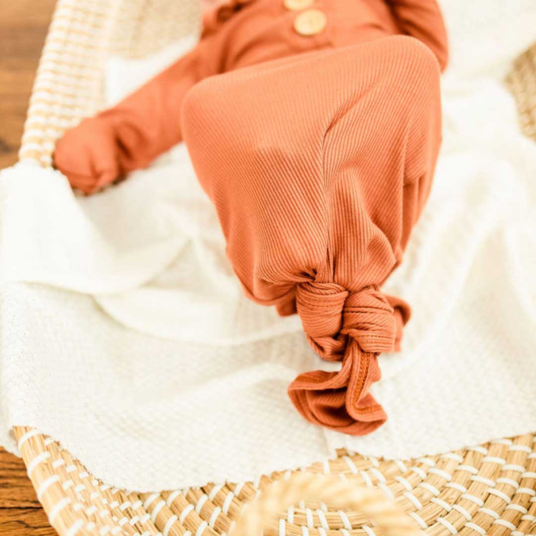rust knotted gown and bonnet set, knot gown, baby bonnet, coming home outfit