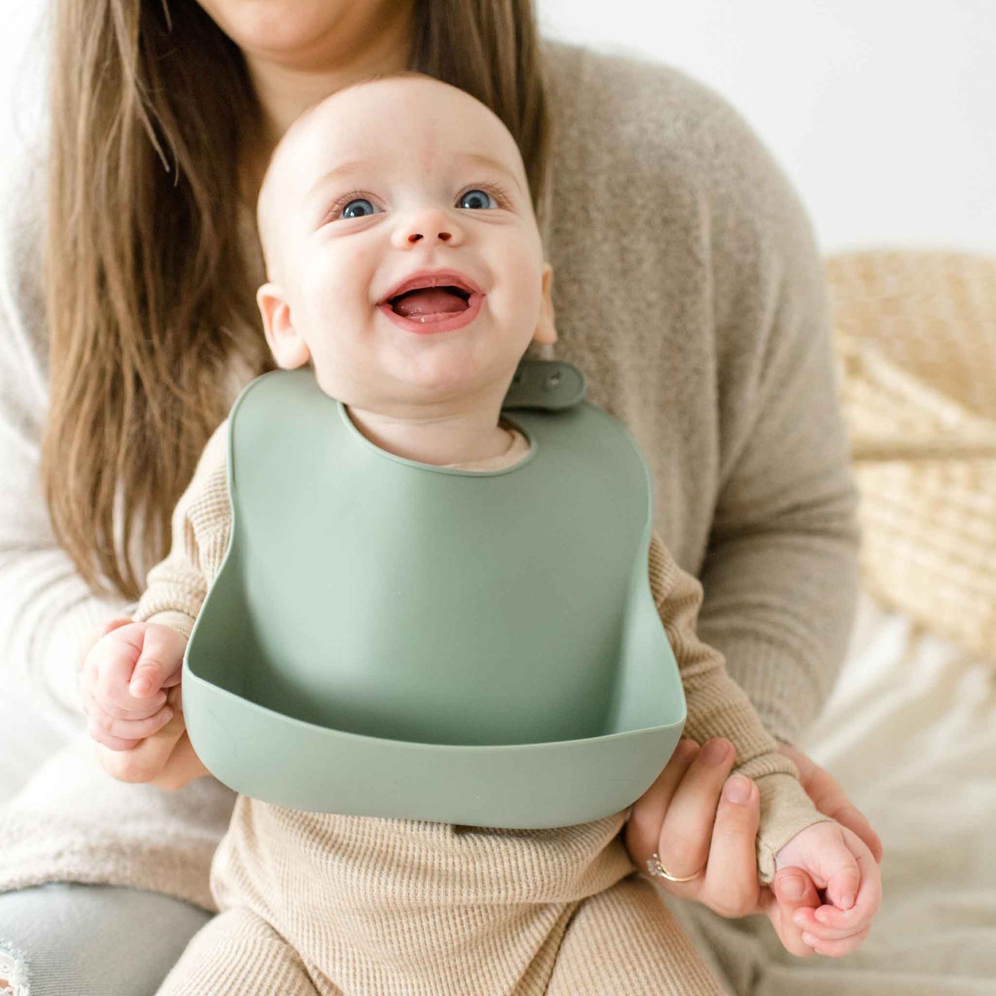 sage green silicone bib, bucket bib, bpa free, feeding bib with pouch