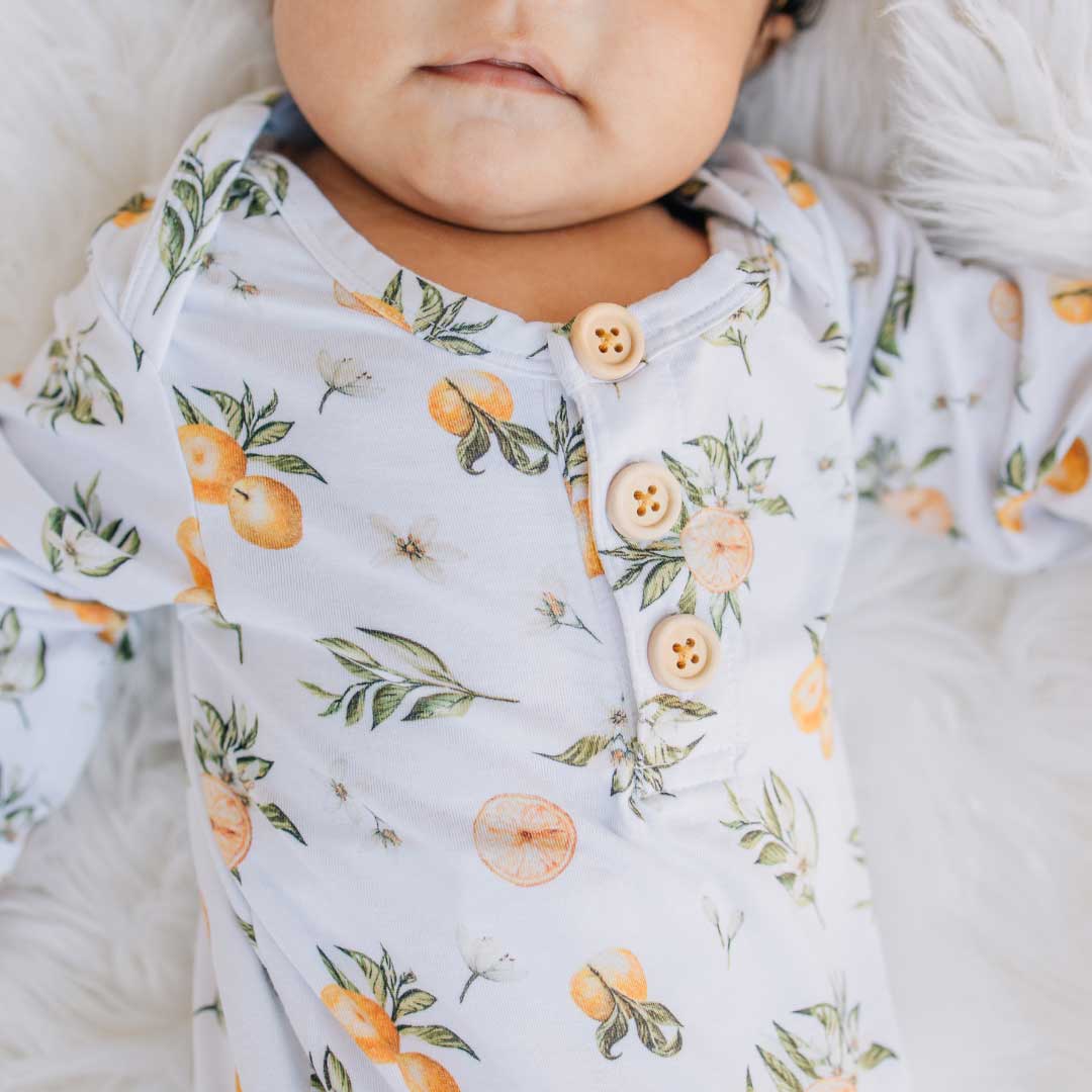 knotted baby gown, tangerine fruit, baby tie gown, infant apparel