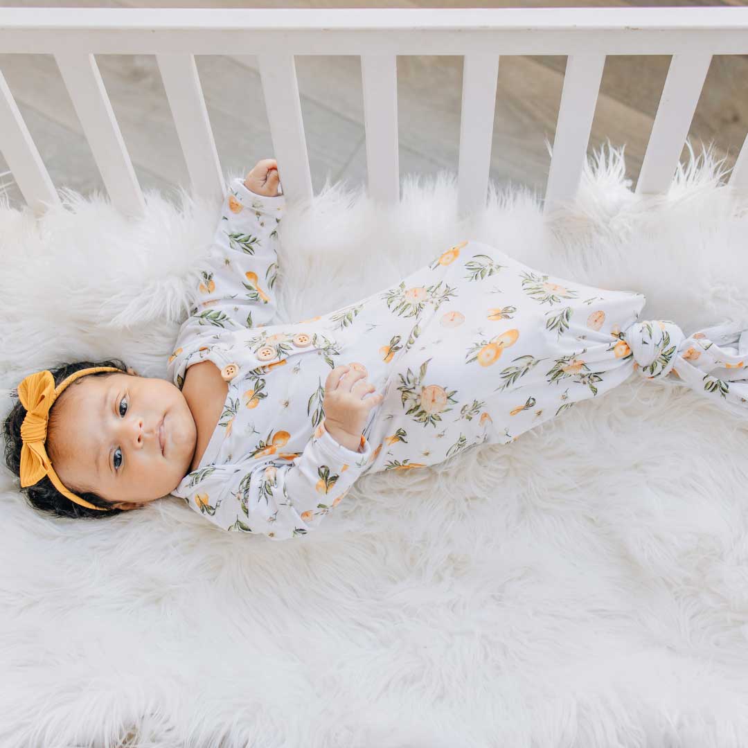 knotted baby gown, tangerine fruit, baby tie gown, infant apparel