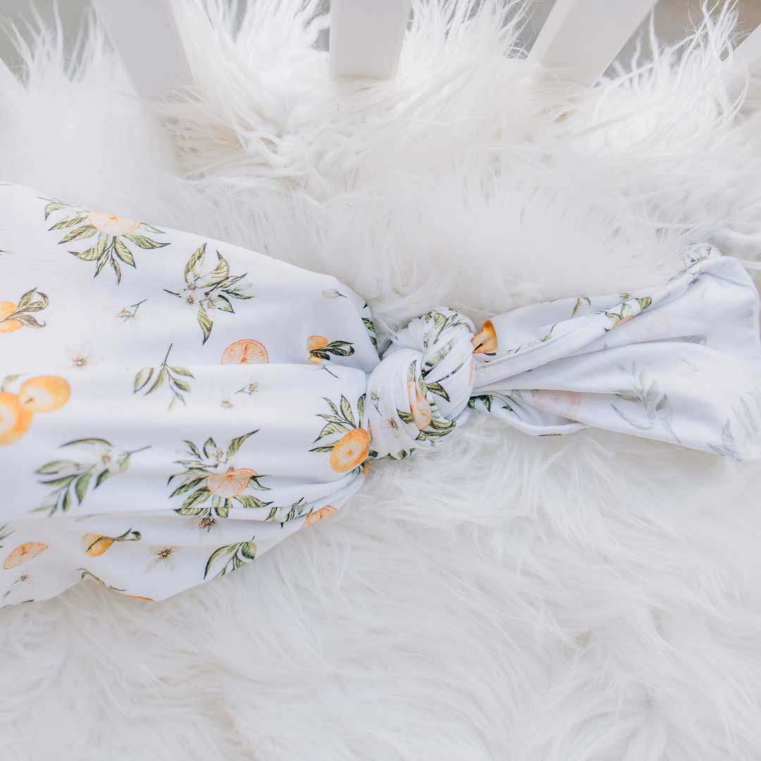 knotted baby gown, tangerine fruit, baby tie gown, infant apparel