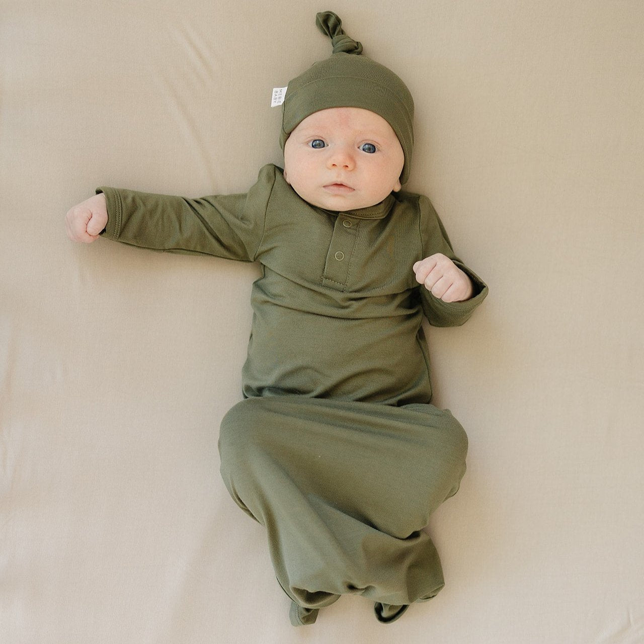green knotted baby gown, army green baby pajamas, dark green baby sleeper, mebie baby knotted gown, baby knot gown green