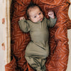 green knotted baby gown, army green baby pajamas, dark green baby sleeper, mebie baby knotted gown, baby knot gown green
