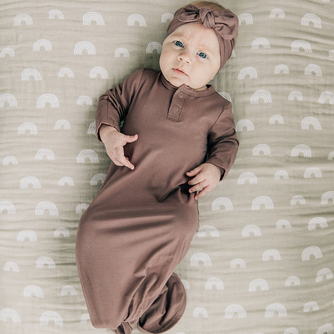 plum baby gown, coming home outfit, knotted gown, baby knot gown, mebie baby gowns, plum baby outfit