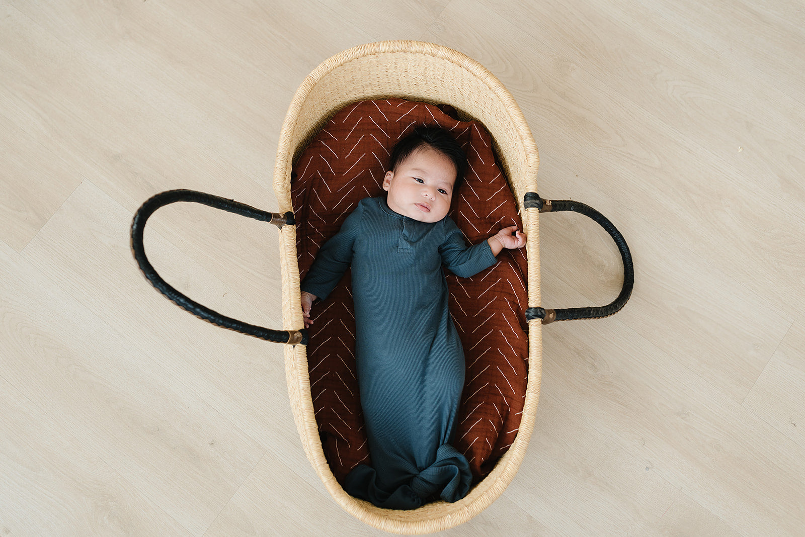 organic ribbed knit gown, baby knotted gown, navy blue knot gown, going home outfit, mebie baby knotted gowns