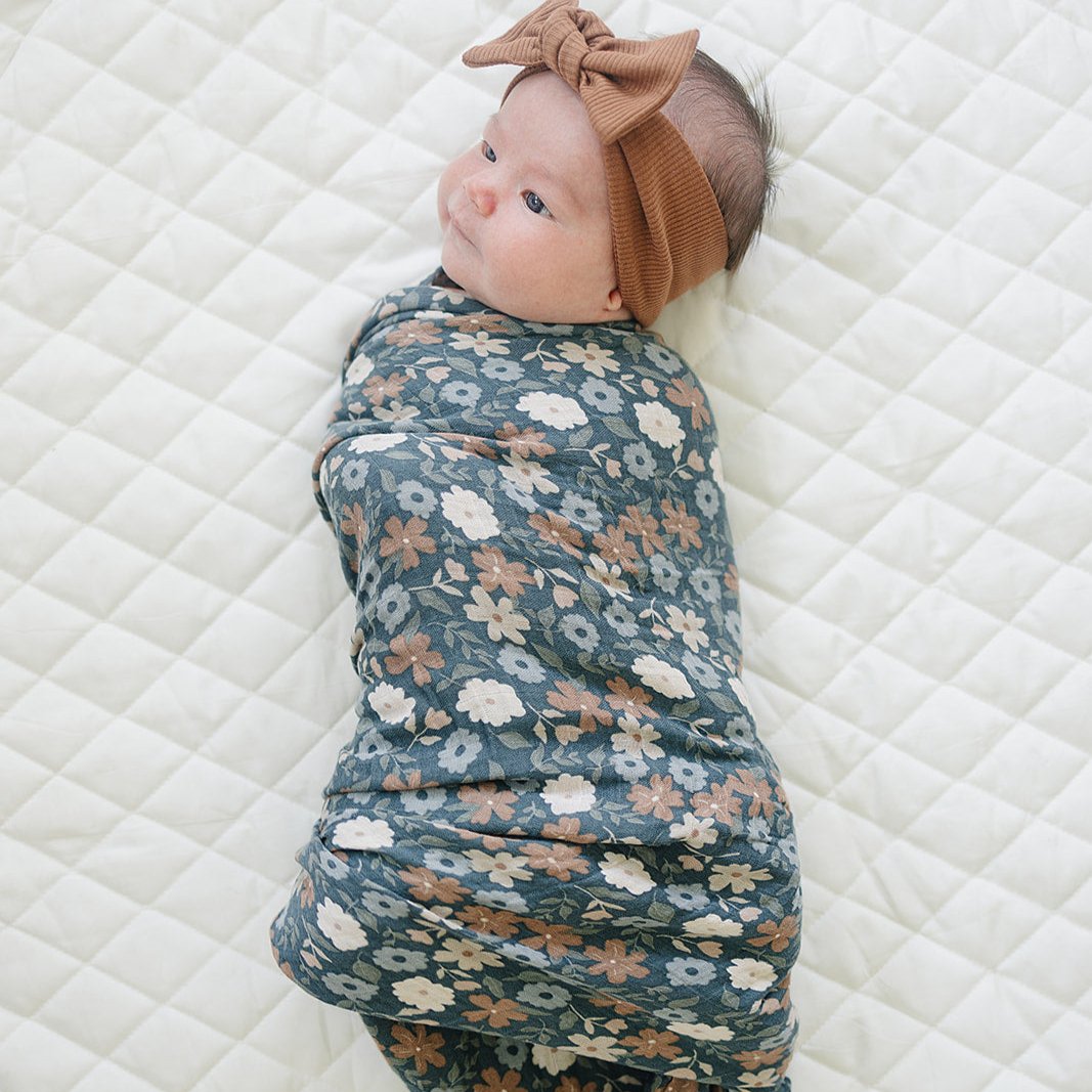 floral baby swaddle, muslin bamboo blanket, swaddling wrap, floral baby blanket, midnight blue, mebie baby swaddles
