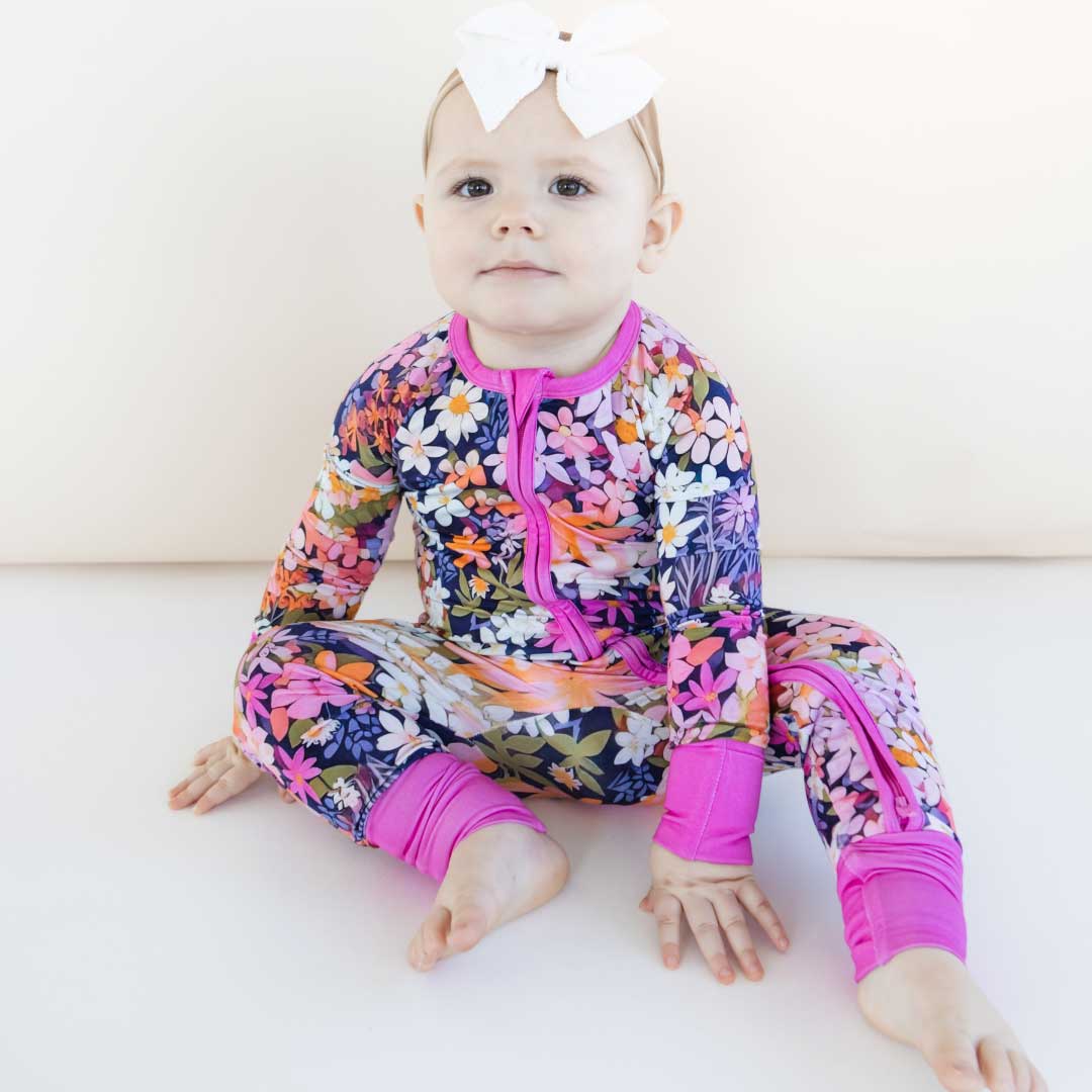 bamboo baby sleeper, convertible rompers, baby pajamas, bamboo pajamas, zippy, floral baby romper