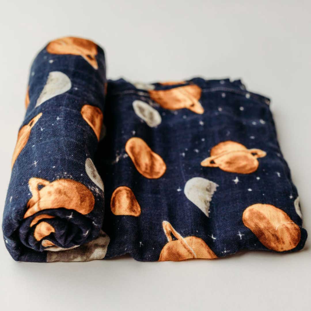 outer space muslin swaddle, bamboo baby blanket, space nursery decor