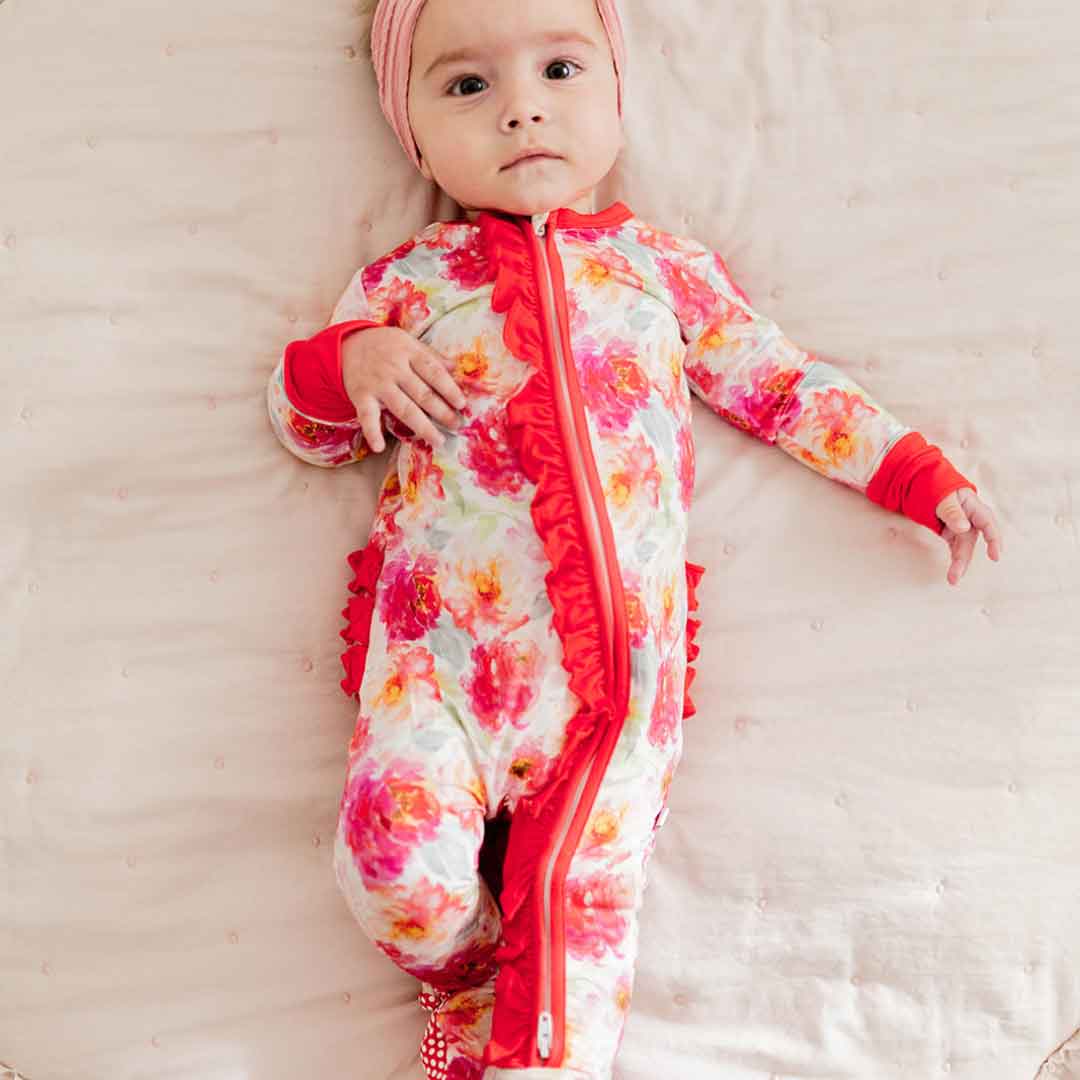 bamboo baby sleepers, bamboo baby clothes, bamboo rompers, bamboo zip sleepers, floral baby pajamas