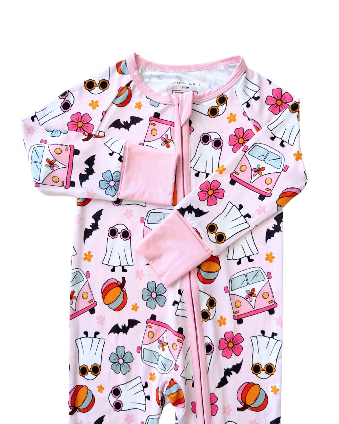 bamboo zip romper, halloween baby pajamas, halloween baby sleeper, fall baby pajamas, lucky panda kids zip romper, bamboo zippy, spooky vibes
