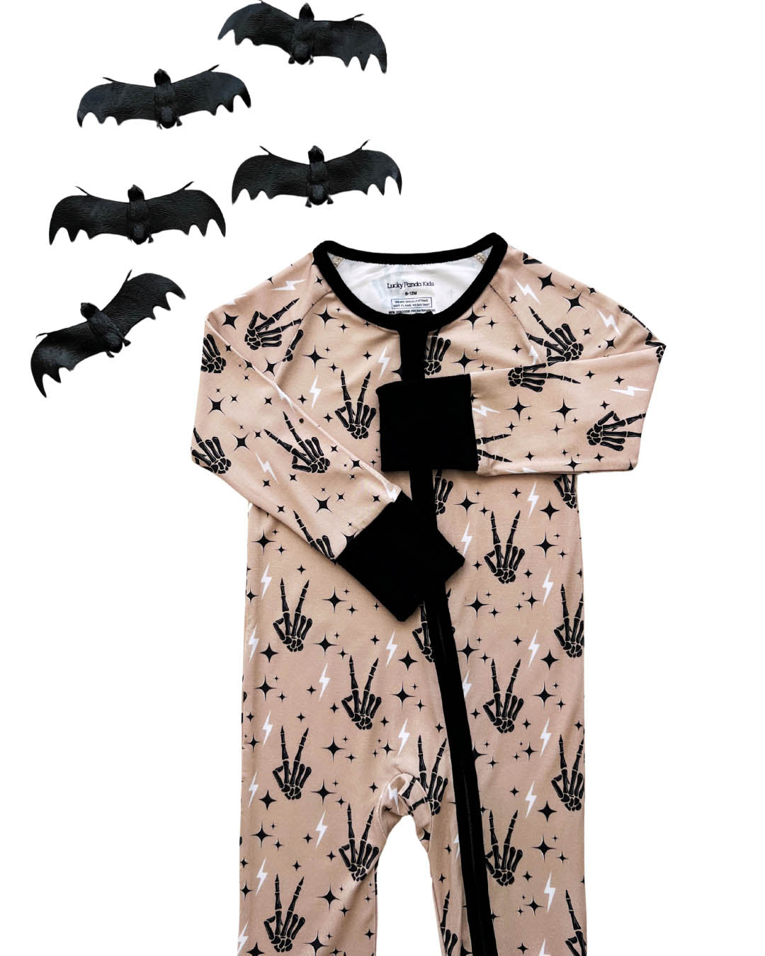 bamboo zip romper, halloween baby pajamas, halloween baby sleeper, fall baby pajamas, lucky panda kids zip romper, bamboo zippy, spooky vibes