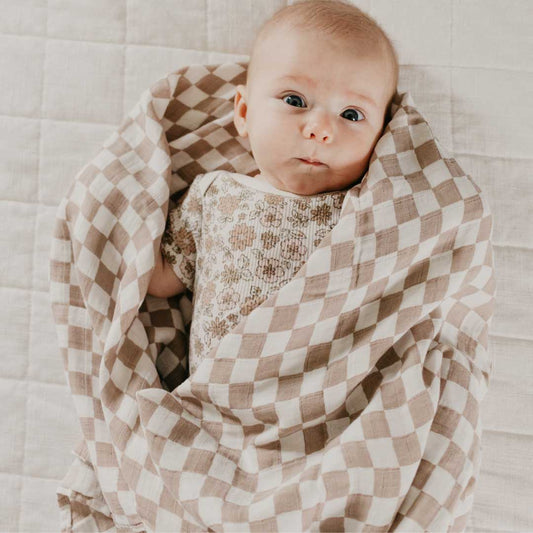 tan checkerboard muslin swaddle, bamboo baby blanket, tan checker, unisex swaddle