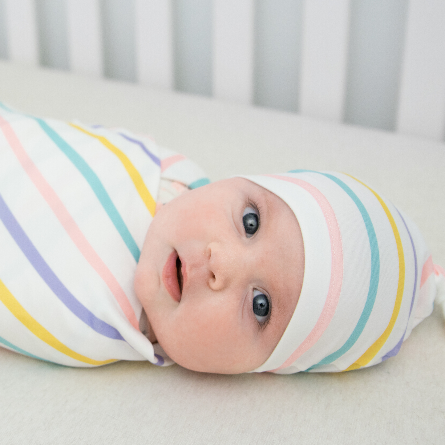 baby hat, girl topknot hat, pastel stripes, going home hat, hospital baby hat