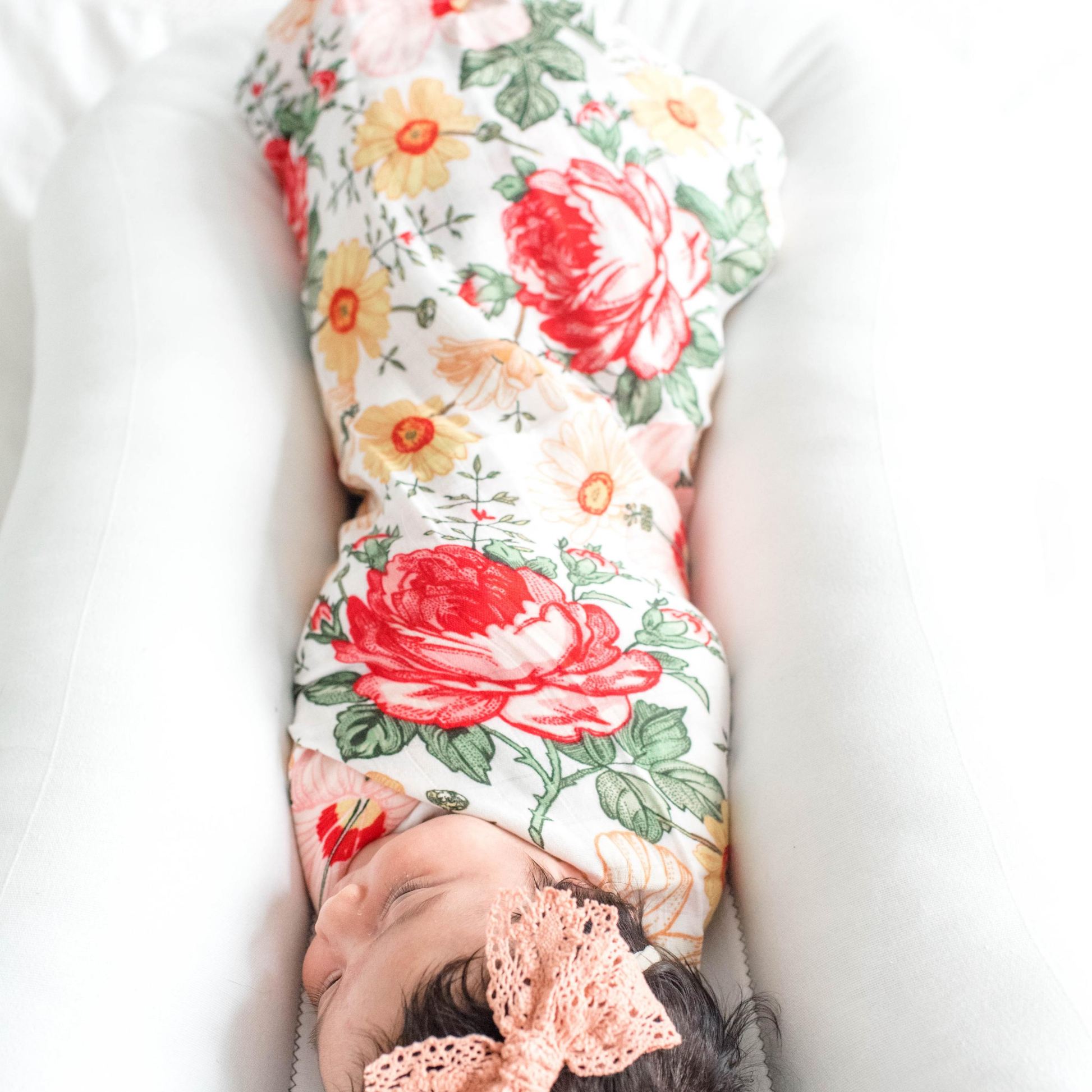 bamboo swaddle, girl swaddle, muslin blanket, floral muslin swaddle, bloom
