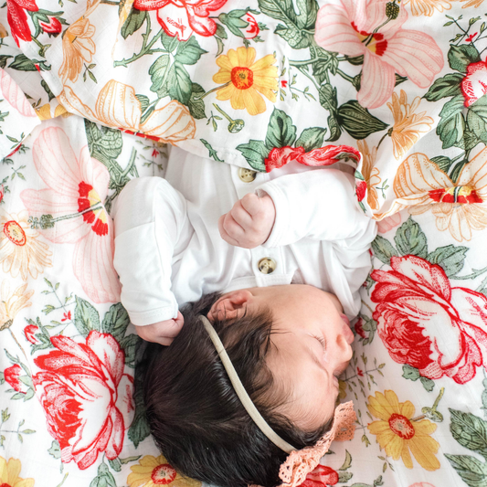 bamboo swaddle, girl swaddle, muslin blanket, floral muslin swaddle, bloom