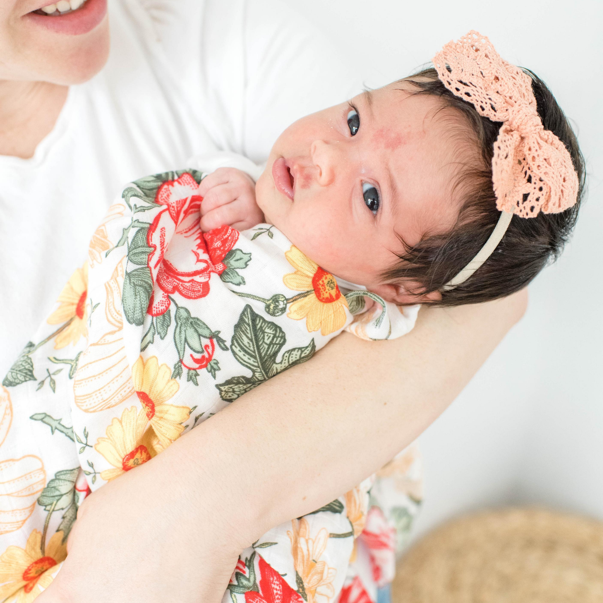 bamboo swaddle, girl swaddle, muslin blanket, floral muslin swaddle, bloom