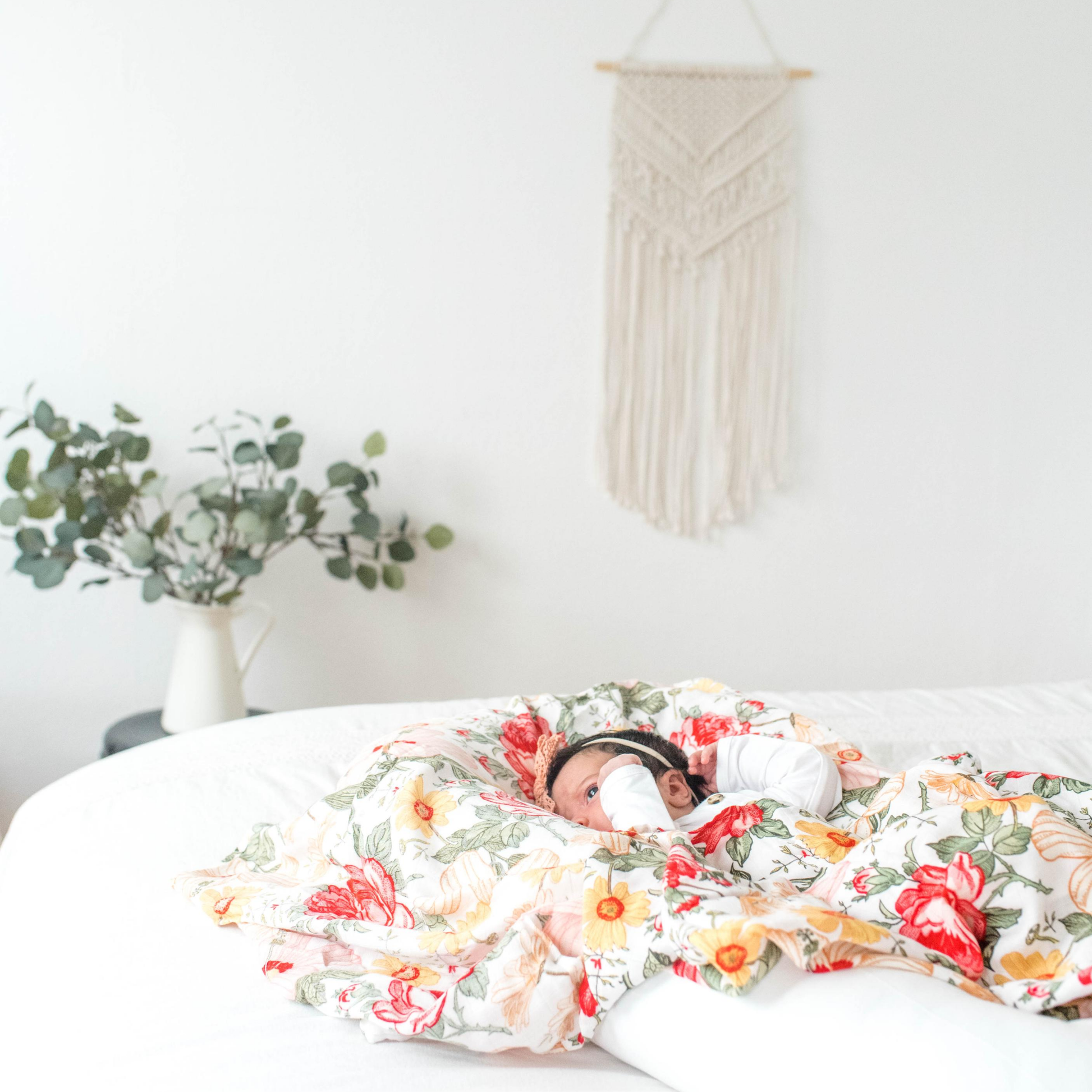 bamboo swaddle, girl swaddle, muslin blanket, floral muslin swaddle, bloom