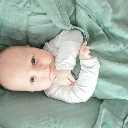 sage muslin swaddle, green boy swaddle, bamboo muslin blanket, lightweight baby swaddle
