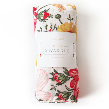 bamboo swaddle, girl swaddle, muslin blanket, floral muslin swaddle, bloom