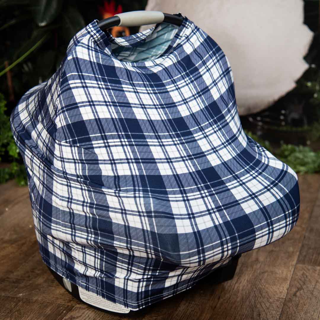 blue plaid multi use baby cover, nursing cover boy, car seat canopy