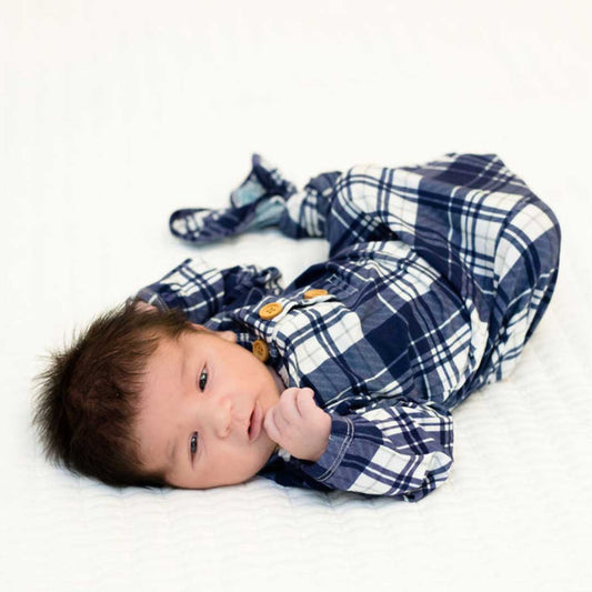 blue plaid baby knot gown, knotted newborn gown, baby shower gift boy, going home outfit