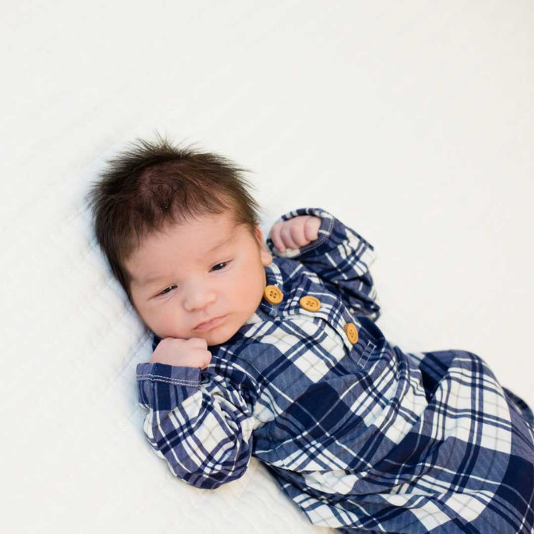 blue plaid baby knot gown, knotted newborn gown, baby shower gift boy, going home outfit