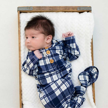 blue plaid baby knot gown, knotted newborn gown, baby shower gift boy, going home outfit