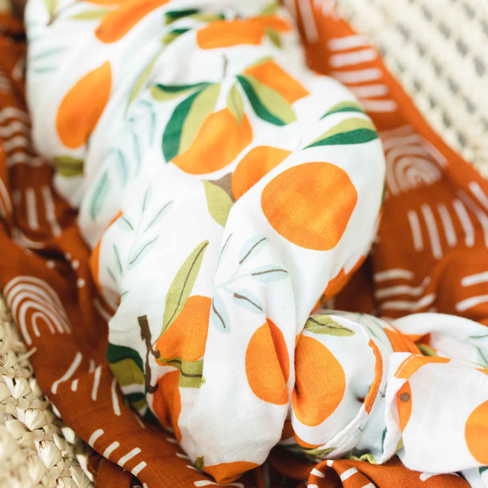 citrus orange muslin swaddle, cotton muslin blanket, baby receiving blanket