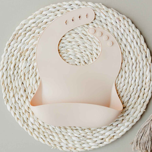 silicone feeding bib, bucket bib, toddler bib, wipeable bib, cream bib
